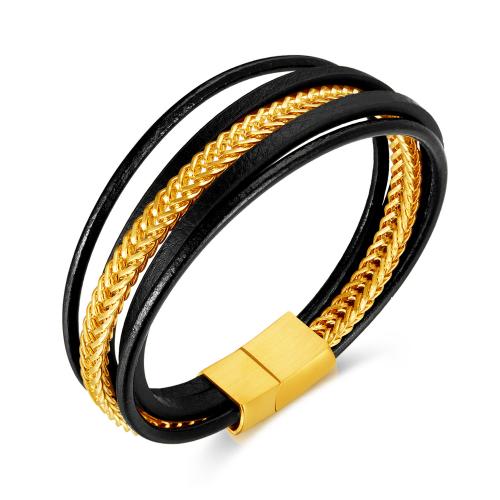 PU Leather Cord Bracelets, with 304 Stainless Steel, Vacuum Ion Plating, vintage & for man 11mm .5 cm 