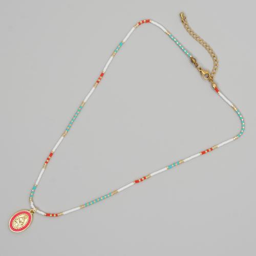 Glass Seed Beads Necklace, with Zinc Alloy, with 5CM extender chain, gold color plated, for woman & enamel, mixed colors cm 