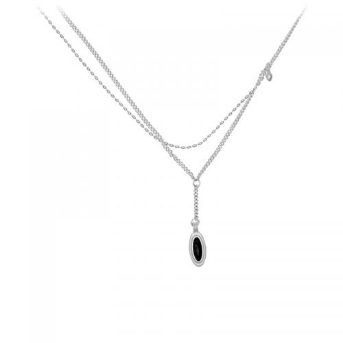 Sterling Silver Jewelry Necklace, 925 Sterling Silver, with White Chalcedony & Black Agate, with 5CM extender chain, polished, for woman Approx 40 cm 