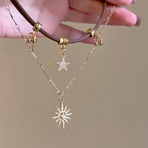 Zinc Alloy Bracelet and Necklace, with PU Leather, Star, gold color plated, Double Layer & micro pave cubic zirconia & for woman [