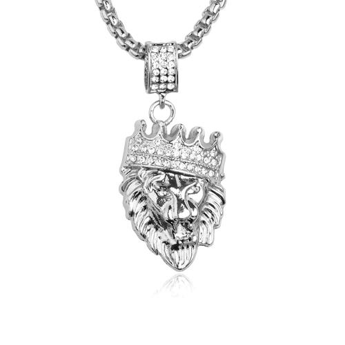 Rhinestone Zinc Alloy Necklace, Lion, plated, fashion jewelry & Unisex & with rhinestone, silver color Approx 60 cm 