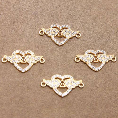 Zinc Alloy Charm Connector, with Cubic Zirconia, Heart, KC gold color plated, fashion jewelry & DIY & 1/1 loop & hollow Approx 