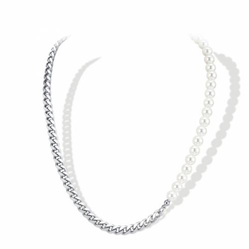 Collar de la joyería de titanio, Partículas de acero, con Perlas plásticas, Esférico, para mujer, Blanco, libre de níquel, plomo & cadmio, 2mm, longitud:aproximado 45 cm, Vendido por UD