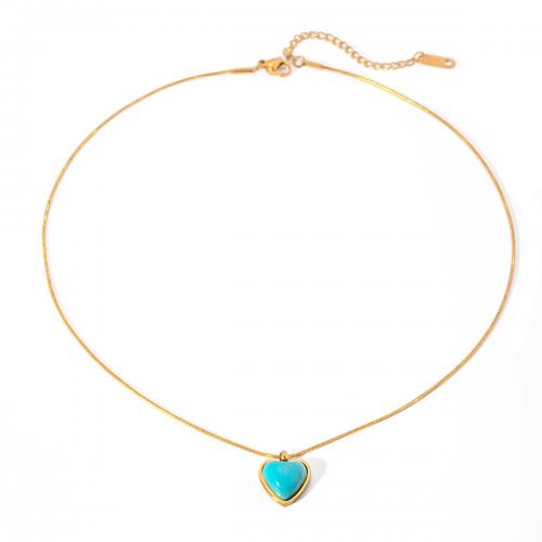 Stainless Steel Jewelry Necklace, 304 Stainless Steel, with turquoise, with 5cm extender chain, Heart, 18K gold plated, fashion jewelry & for woman, golden, 15.7mm Approx 40 cm 