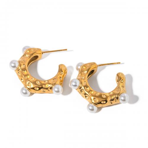 Titanium Steel Earrings, with Shell Pearl, 18K gold plated, fashion jewelry & for woman, golden 