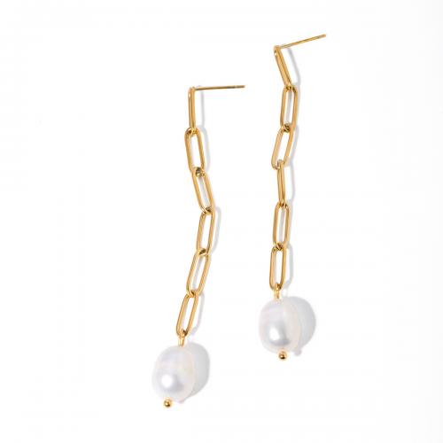 Titanium Steel Earrings, with Plastic Pearl, Vacuum Ion Plating, fashion jewelry & for woman, golden 