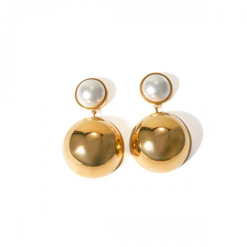 Titanium Steel Earrings, with Plastic Pearl, 18K gold plated, fashion jewelry & for woman, golden 