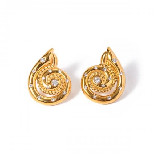Titanium Steel Earrings, 18K gold plated, fashion jewelry & for woman & with rhinestone, golden 
