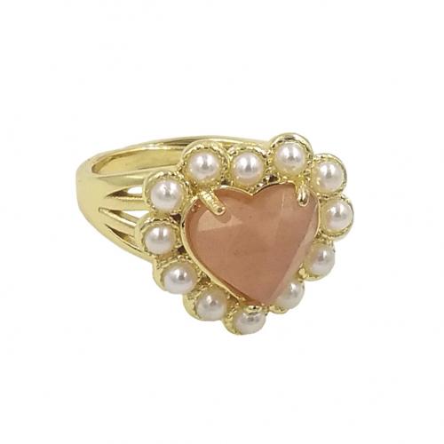 Gemstone Brass Finger Ring, with Natural Stone & Plastic Pearl, Heart, gold color plated, Adjustable & fashion jewelry & for woman US Ring 