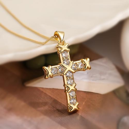 Cubic Zircon Micro Pave Brass Necklace, with 5cm extender chain, Cross, plated, fashion jewelry & micro pave cubic zirconia, golden cm 