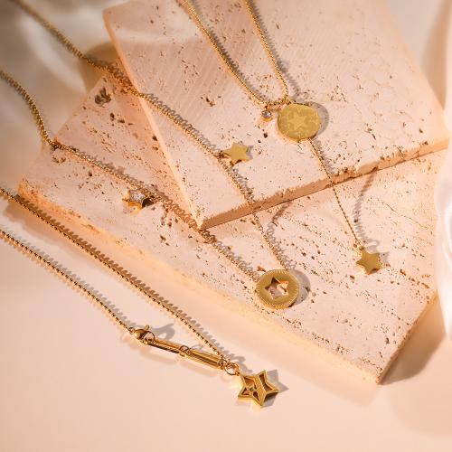 Titan Schmuck Halskette, Titanstahl, plattiert, Modeschmuck & verschiedene Muster für Wahl & Micro pave Zirkonia, goldfarben, verkauft von PC