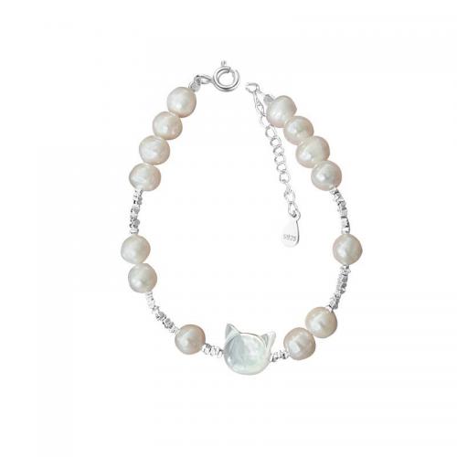 Pearl Sterling Silver Bracelets, argent sterling 925, avec coquille blanche & perle d'eau douce cultivée, avec 5CM chaînes de rallonge, poli, pour femme, argent Environ 16 cm, Vendu par PC