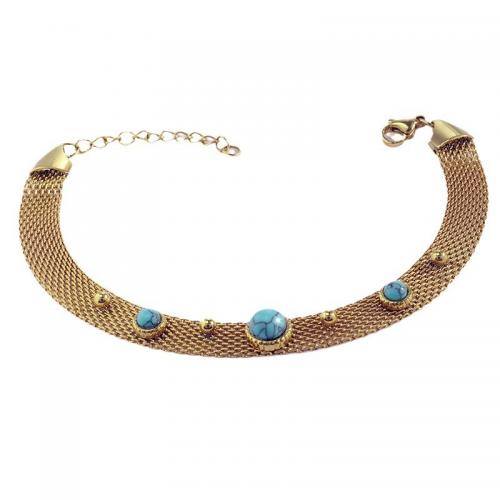 Stainless Steel Chain Bracelets, 304 Stainless Steel, with turquoise, plated, for woman, golden 