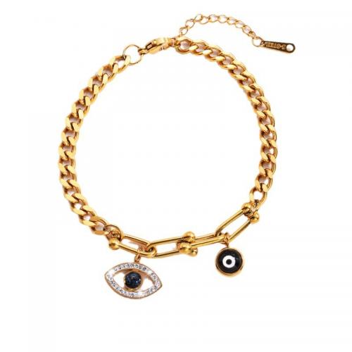 Evil Eye Jewelry Bracelet, 304 Stainless Steel, plated & for woman & enamel & with rhinestone, golden 