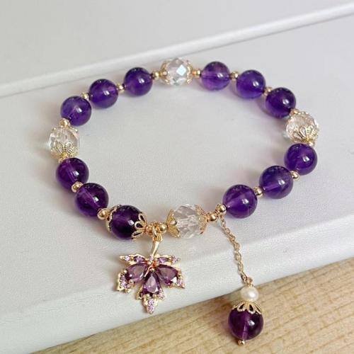 Amethyst Bracelet, with Freshwater Pearl & Crystal & Zinc Alloy, Maple Leaf, handmade, Korean style & for woman Approx 6-8 Inch 