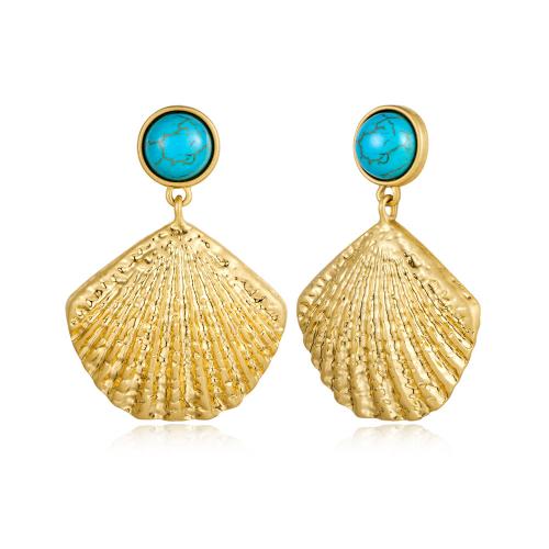 Brass Drop Earring, with Synthetic Turquoise, Shell, real gold plated, fashion jewelry & for woman 