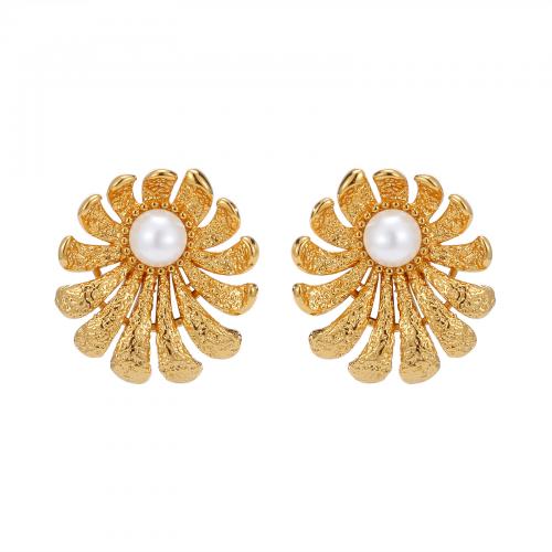 Brass Stud Earring, with Plastic Pearl, Flower, fashion jewelry & for woman 