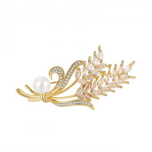 Freshwater Pearl Brooch, Brass, with Freshwater Pearl, fashion jewelry & for woman & with rhinestone 
