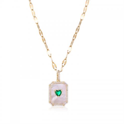 Stainless Steel Jewelry Necklace, 304 Stainless Steel, with Emerald & Shell, 18K gold plated, fashion jewelry & for woman & with rhinestone Approx 45 cm 