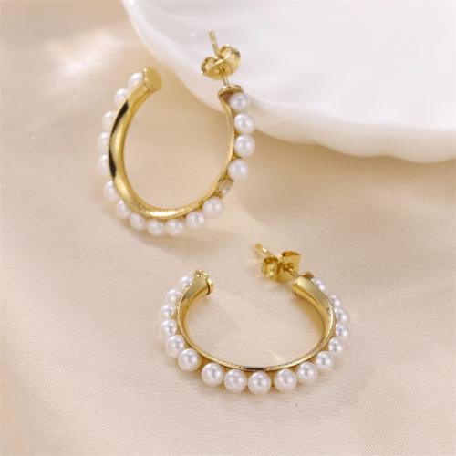 Edelstahl Stud Ohrring, 304 Edelstahl, mit Kunststoff Perlen, 18K vergoldet, Modeschmuck & verschiedene Stile für Wahl & für Frau, verkauft von Paar