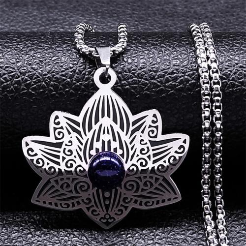 Stainless Steel Jewelry Necklace, 304 Stainless Steel, with Blue Sandstone, Lotus, polished, fashion jewelry & Unisex, silver color Approx 50 cm 