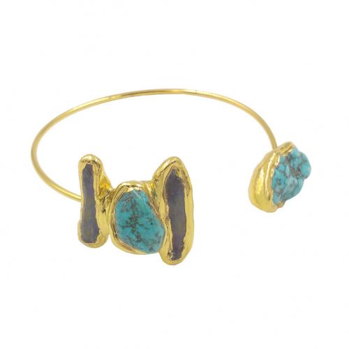 Brass Cuff Bangle, with turquoise & pearl, gold color plated, Adjustable & fashion jewelry & for woman, Inner Approx 68mm [