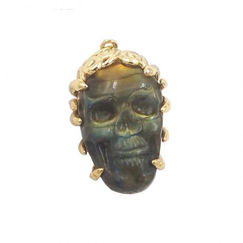 Labradorite Pendants, Brass, with Labradorite, Skull, gold color plated, DIY [