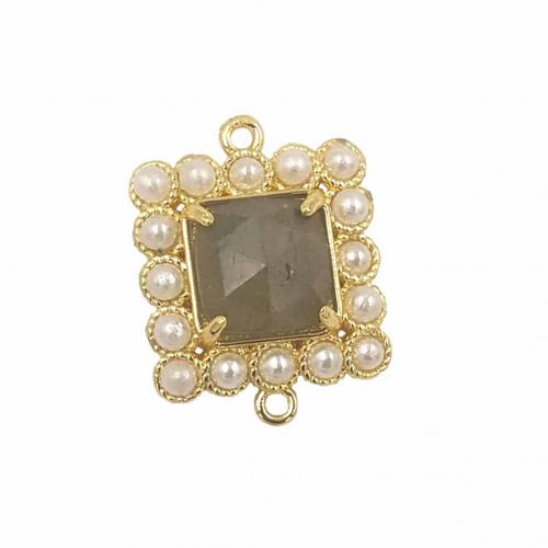 Gemstone Connector, Brass, with Natural Stone & Plastic Pearl, Square, gold color plated, DIY & 1/1 loop 