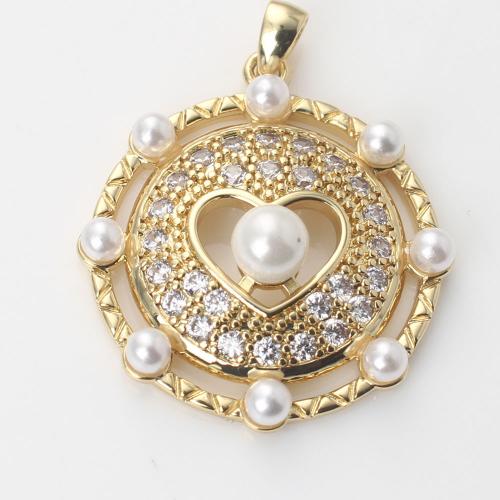 Cubic Zirconia Micro Pave Brass Pendant, with Plastic Pearl, Heart, gold color plated, DIY & micro pave cubic zirconia 