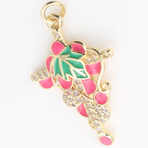 Enamel Brass Pendants, Cross, gold color plated, DIY & micro pave cubic zirconia, pink 