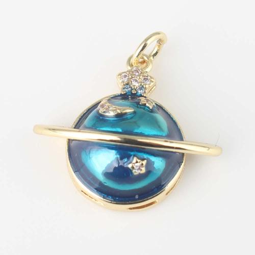 Enamel Brass Pendants, Round, gold color plated, DIY & micro pave cubic zirconia, blue 