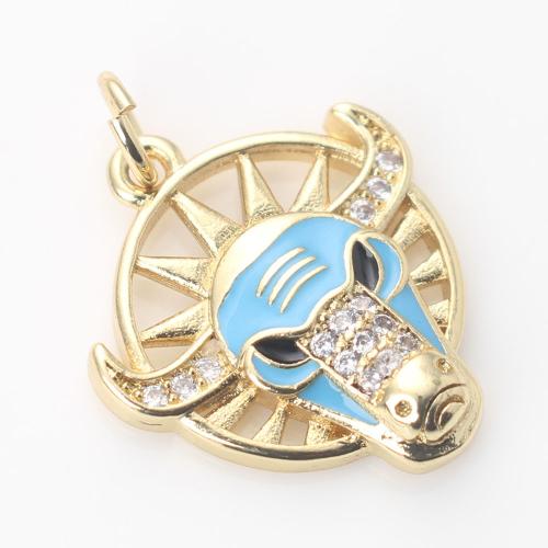 Enamel Brass Pendants, Bull, gold color plated, DIY & micro pave cubic zirconia, blue 