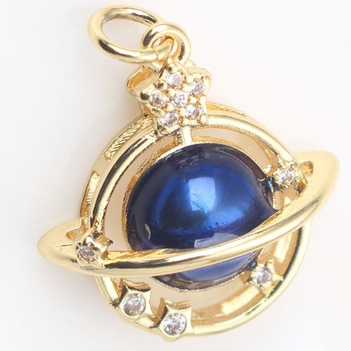 Enamel Brass Pendants, Round, gold color plated, DIY & micro pave cubic zirconia, blue 