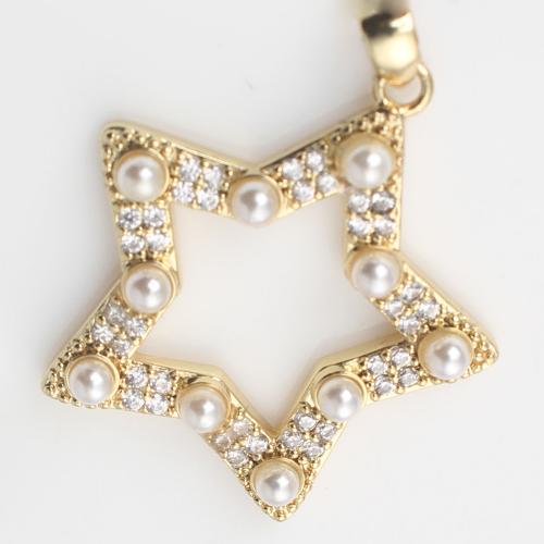 Cubic Zirconia Micro Pave Brass Pendant, with Plastic Pearl, Star, gold color plated, DIY & micro pave cubic zirconia 