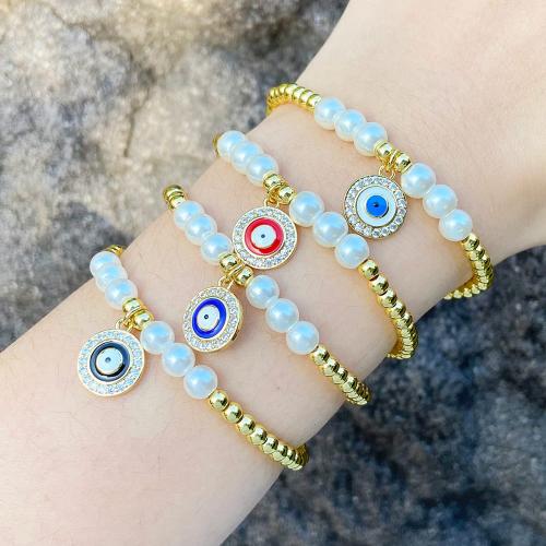 Evil Eye Jewelry Bracelet, Brass, with Plastic Pearl, plated, fashion jewelry & micro pave cubic zirconia & enamel The inner diameter of the bracelet is 55cm 