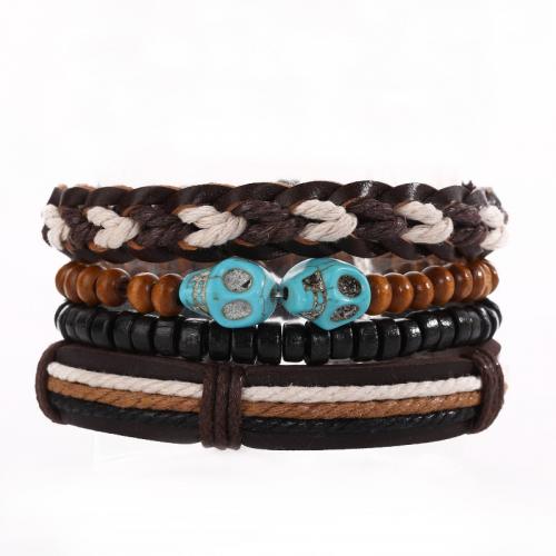 PU Leather Cord Bracelets, Faux Leather, with PU Leather & Wood & Zinc Alloy, handmade, 4 pieces & fashion jewelry & for man, Internal 60mm. 