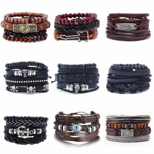 PU Leather Cord Bracelets, Faux Leather, with Linen & PU Leather & Wax Cord & Wood & Zinc Alloy, handmade, 4 pieces & fashion jewelry & for man, Internal 60mm. 