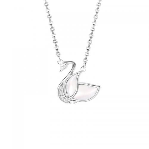 Cubic Zircon Micro Pave Sterling Silver Necklace, 925 Sterling Silver, with White Shell, with 5CM extender chain, Swan, plated, micro pave cubic zirconia & for woman, silver color Approx 40 cm 