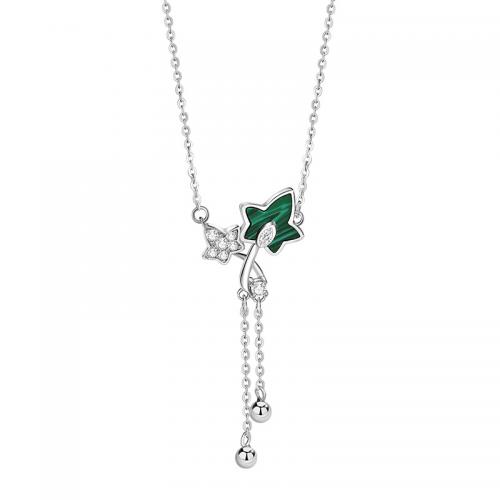 Cubic Zircon Micro Pave Sterling Silver Necklace, 925 Sterling Silver, with Malachite, with 5CM extender chain, plated, micro pave cubic zirconia & for woman, silver color Approx 40 cm 