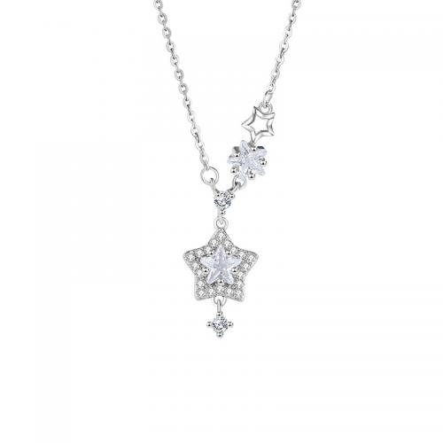 Cubic Zircon Micro Pave Sterling Silver Necklace, 925 Sterling Silver, with 5CM extender chain, Star, plated, micro pave cubic zirconia & for woman, silver color Approx 40 cm 