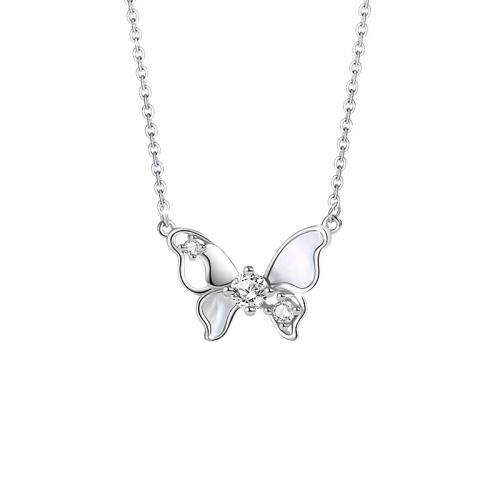 Cubic Zircon Micro Pave Sterling Silver Necklace, 925 Sterling Silver, with Shell, with 5CM extender chain, Butterfly, plated, micro pave cubic zirconia & for woman, silver color Approx 40 cm 