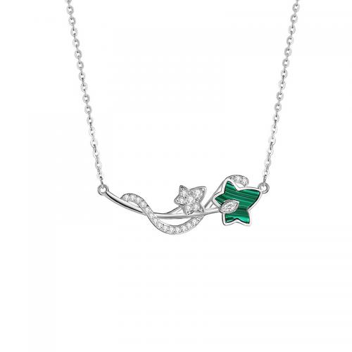 Cubic Zircon Micro Pave Sterling Silver Necklace, 925 Sterling Silver, with Malachite, with 5CM extender chain, plated, micro pave cubic zirconia & for woman, silver color Approx 40 cm 