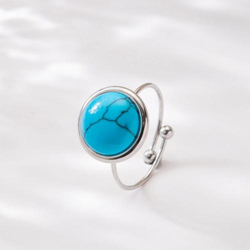 Gemstone Stainless Steel Finger Ring, 304 Stainless Steel, with turquoise, plated, Unisex silver color 