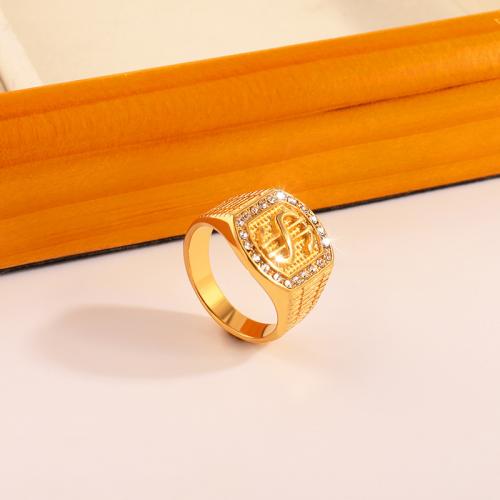 Нержавеющая сталь Rhinestone палец кольцо, Нержавеющая сталь 304, Другое покрытие, Мужская & разный размер для выбора & со стразами, Золотой, продается PC