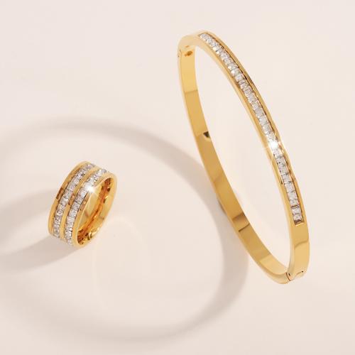 Joyería de acero inoxidable de diamantes de imitación, acero inoxidable 304, brazale & anillo de dedo, chapado, para mujer & con diamantes de imitación, dorado, Vendido por Set[
