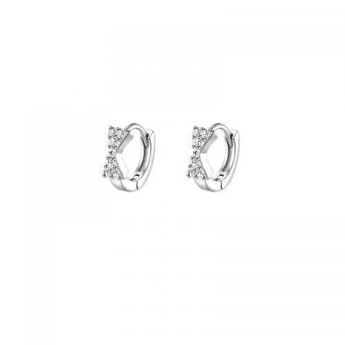 Brass Huggie Hoop Earring, Bowknot, platinum color plated, for woman & with rhinestone, 10mm 