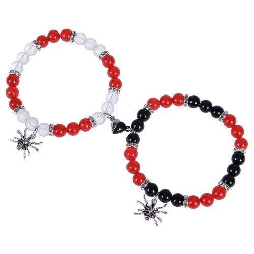 Crystal Couple Bracelet, with Obsidian & Elastic Thread & Zinc Alloy, Spider, 2 pieces & with magnetic & for couple Approx 6.6-8.5 Inch 