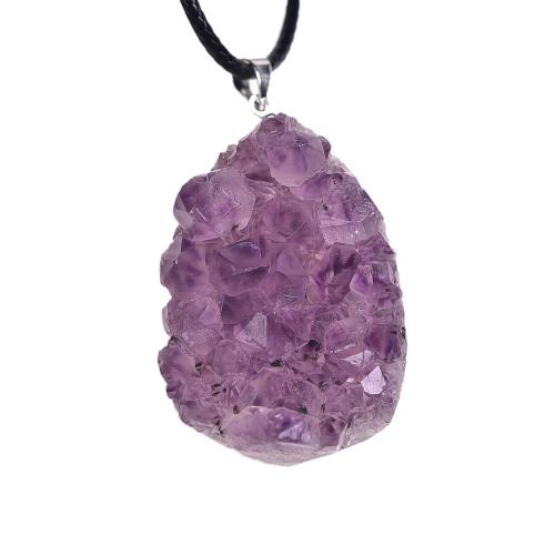 Quartz Necklace, Amethyst, with PU Leather & Cotton Cord, Teardrop, natural & druzy style & DIY pendant length 30-40mm [