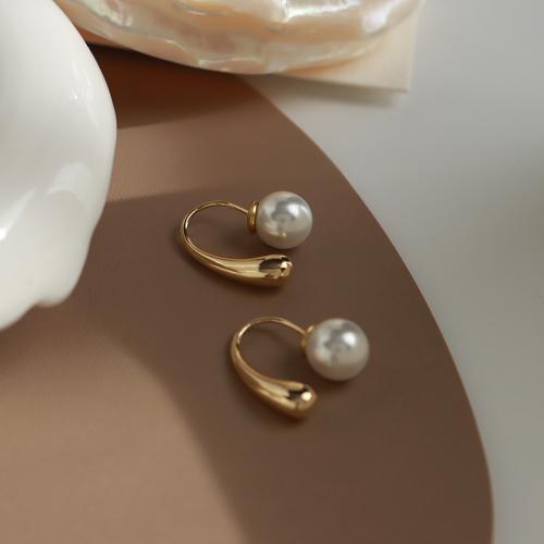 Titanium Steel Earrings, with Plastic Pearl, fashion jewelry & for woman, golden, 19mm 