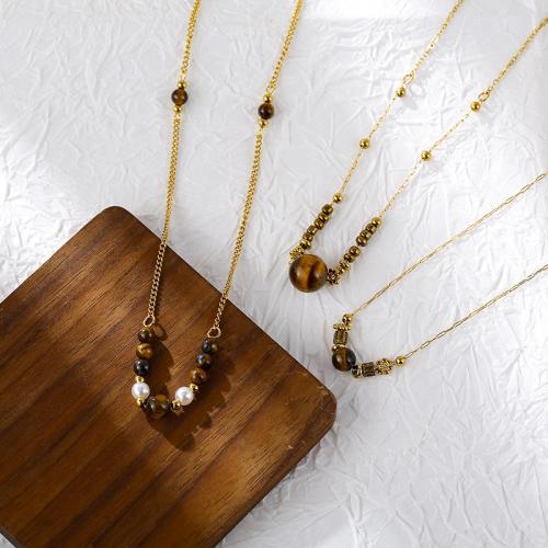 Titanium Steel Jewelry Necklace, with Tiger Eye, with 5cm extender chain, fashion jewelry & for woman Approx 40 cm [